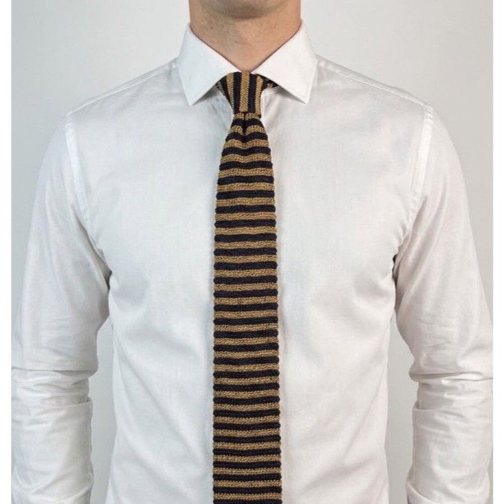 Rooster Men’s Navy Mustard Yellow Stripe Vintage Knit Tie